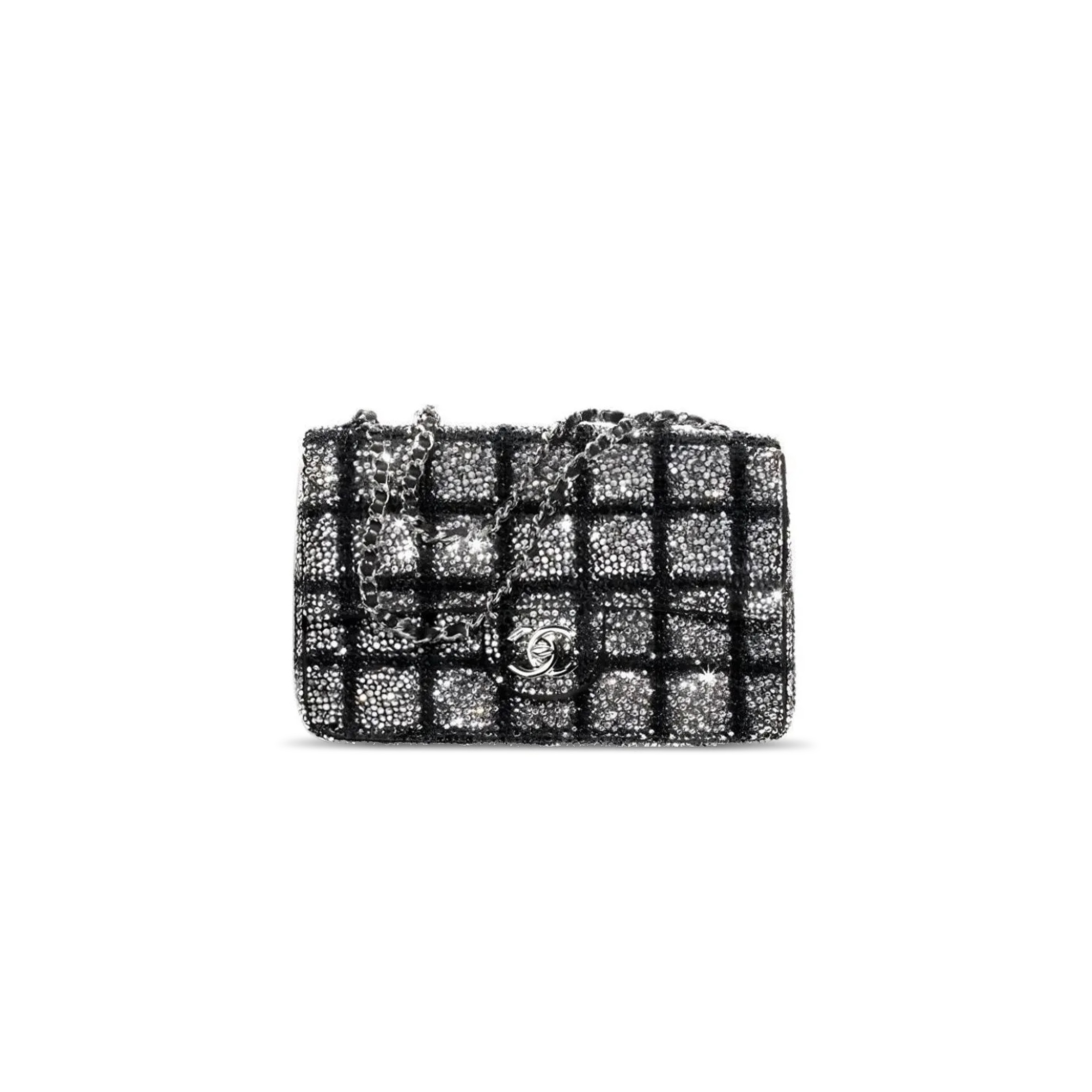 CHANEL BLACK AND SILVER STRASS CRYSTAL SMALL FLAP BAG AS4297 (20*10*7cm)